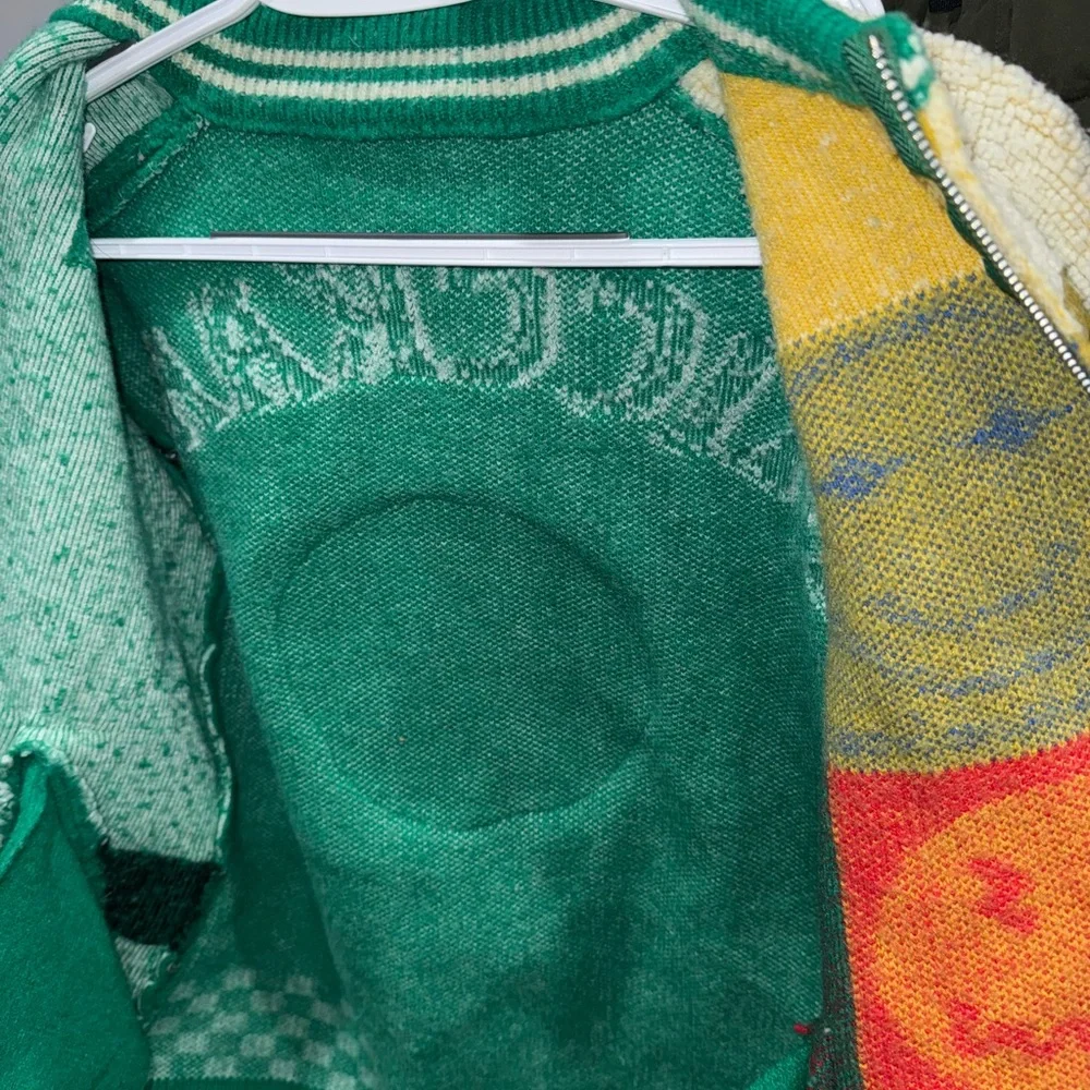 Rare Smiley Patchwork Knit Bomber Jacket Green Leopard Check Full Zip Streetwear